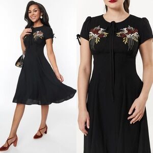 Pin Up 40s Embroidered Black Swing Dress Timeless London Fit & Flare Modest 12